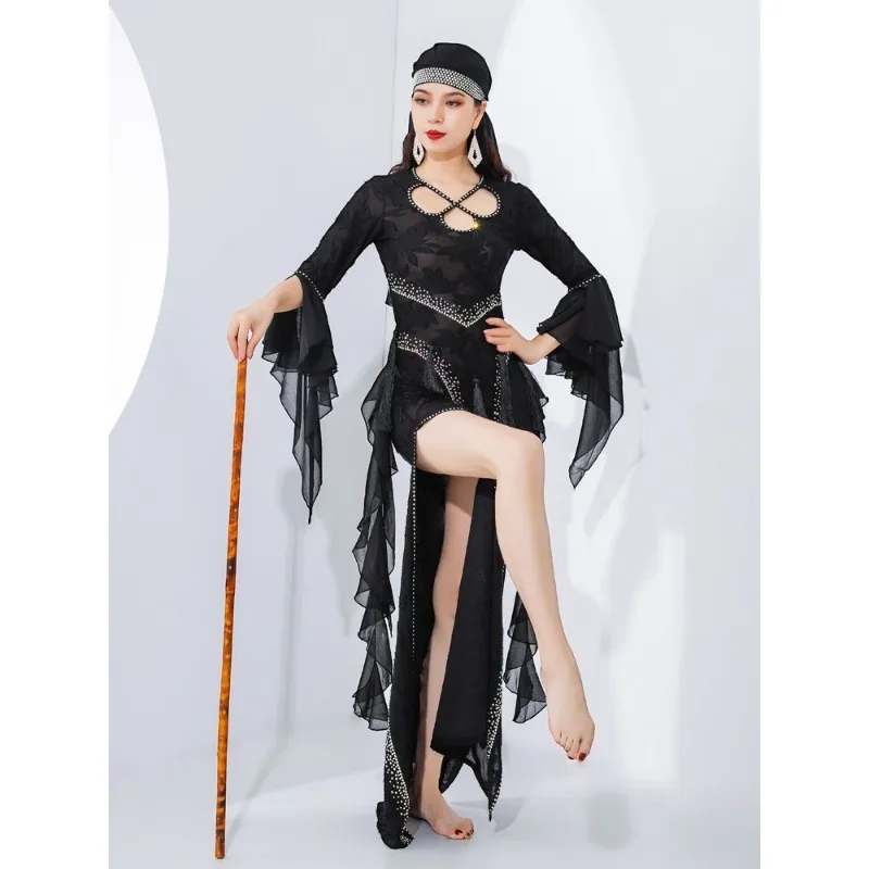 

Customized New Design Feel Belly Dance Costumes Saidi Folk Robe Dynamic Tassel Lotus Leaf Performance Dress Black White Green