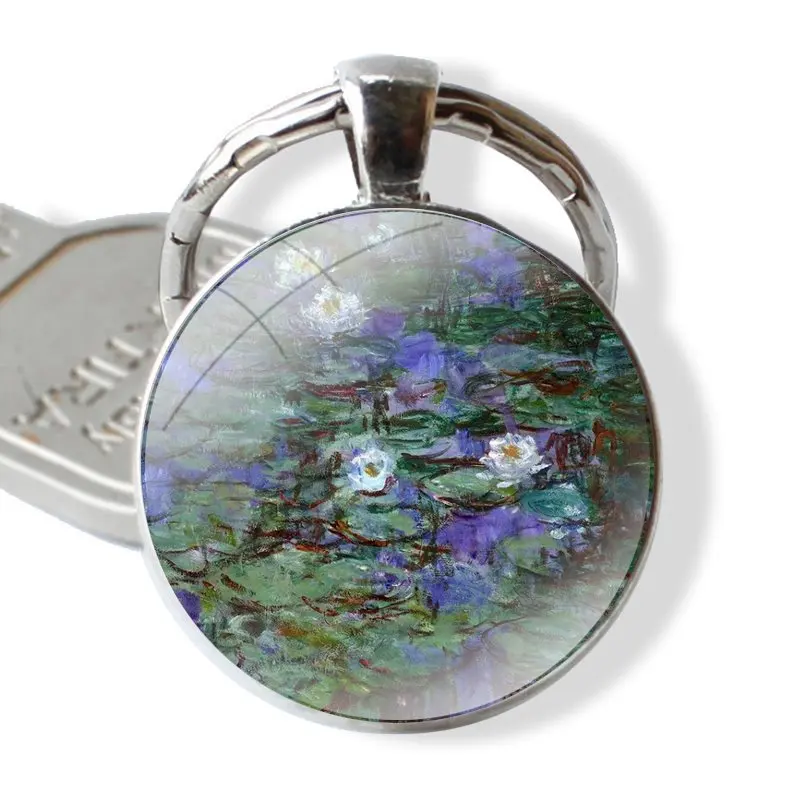 Cartoon Gift Creative Funny claude monet Garden Lotus Bridge Keychain Handmade Glass Cabochon Key Ring Holder Pendant Key Chains