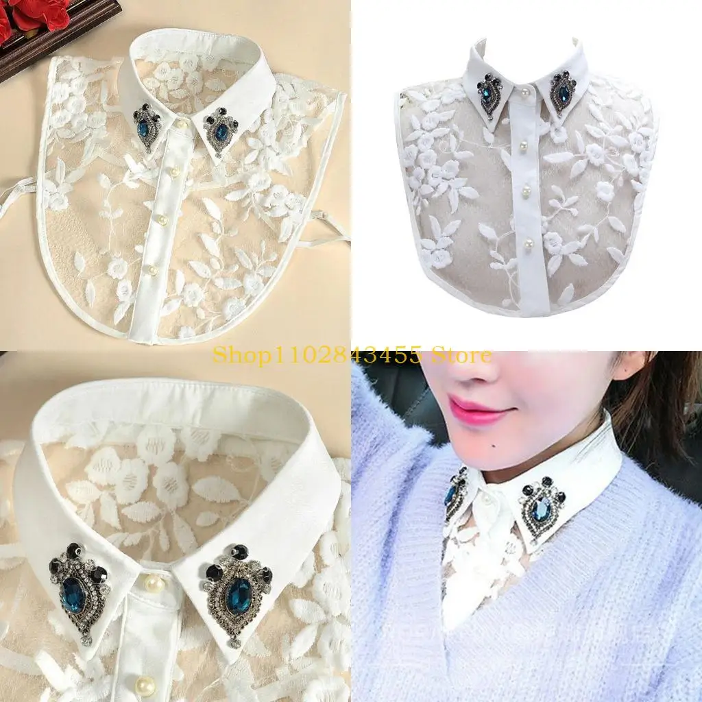 49mc-女性フェイククリスタルラペル取り外し可能なハーフシャツ模造真珠レース偽襟