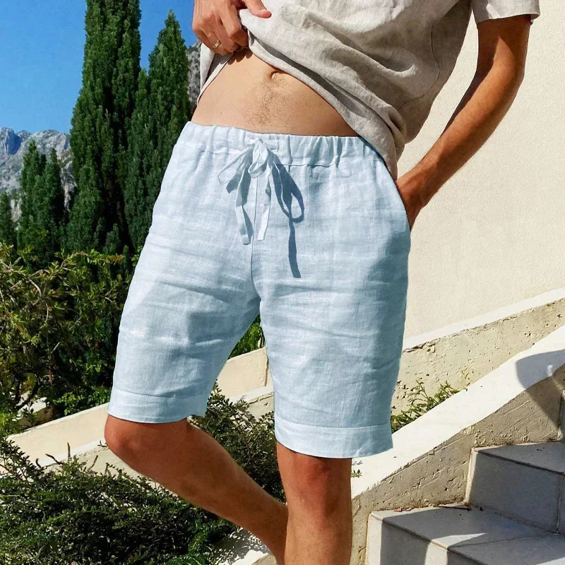 Sommer Neue männer Baumwolle Leinen Atmungsaktive Shorts Hawaii Strand Hosen Männliche Einfarbig Hosen Lose Vielseitig Streetwear – Detail 6