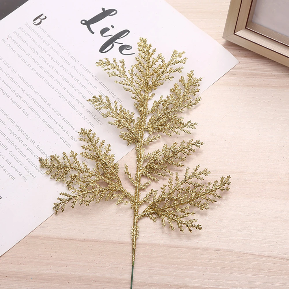 1pc Artificial Plants Pine Branches Christmas Glitter Gold Leaves Xmas Tree Decoration Pendant Christmas Home Decoration ﻿