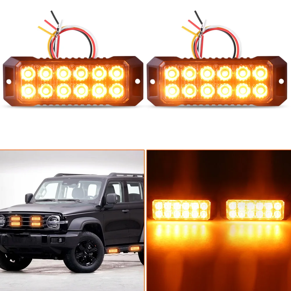 

2PCS 12LED Amber Flashing Strobe Lights Safety Hazard Warning Lights Emergency Grille Lights Surface Mount for Trucks Vehicles