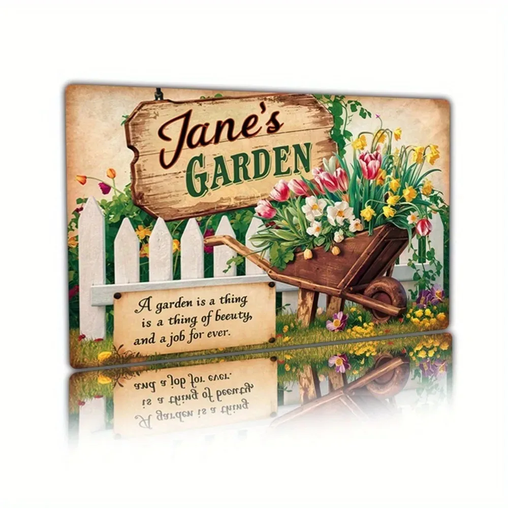 2D Flat Aluminum Custom Name Wall Plaque with White Picket Fence Pattern, Rustic Jane's Garden Wall Art Decor Gift for Bedroom