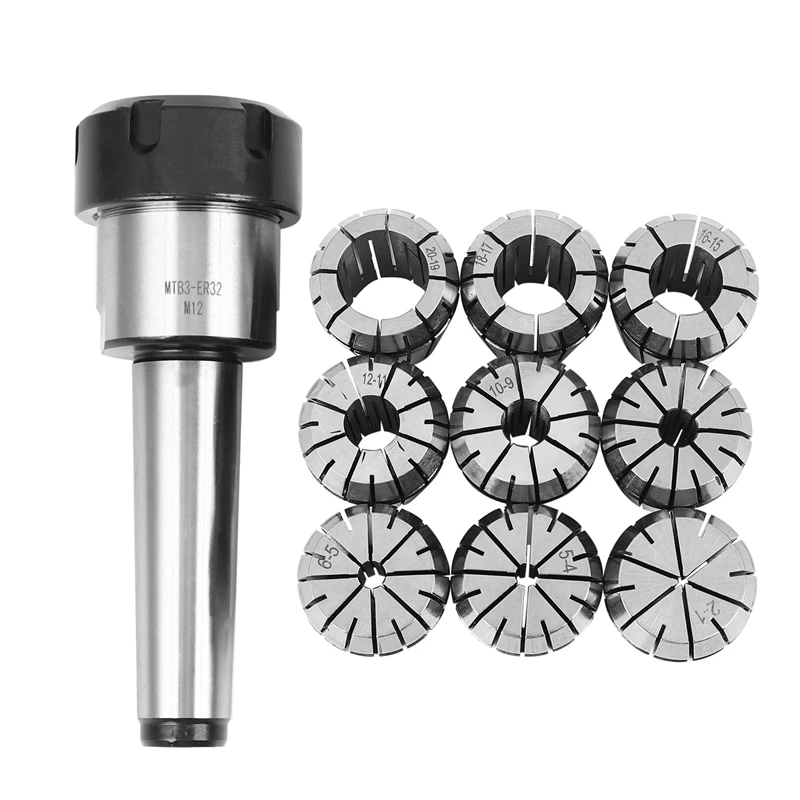 ●10Pcs ER32 Spring Collets Set 2/4/6/8/10/12/16/18/20mm + MT3 M12 ER32 Collet Chuck Morse Taper Holder