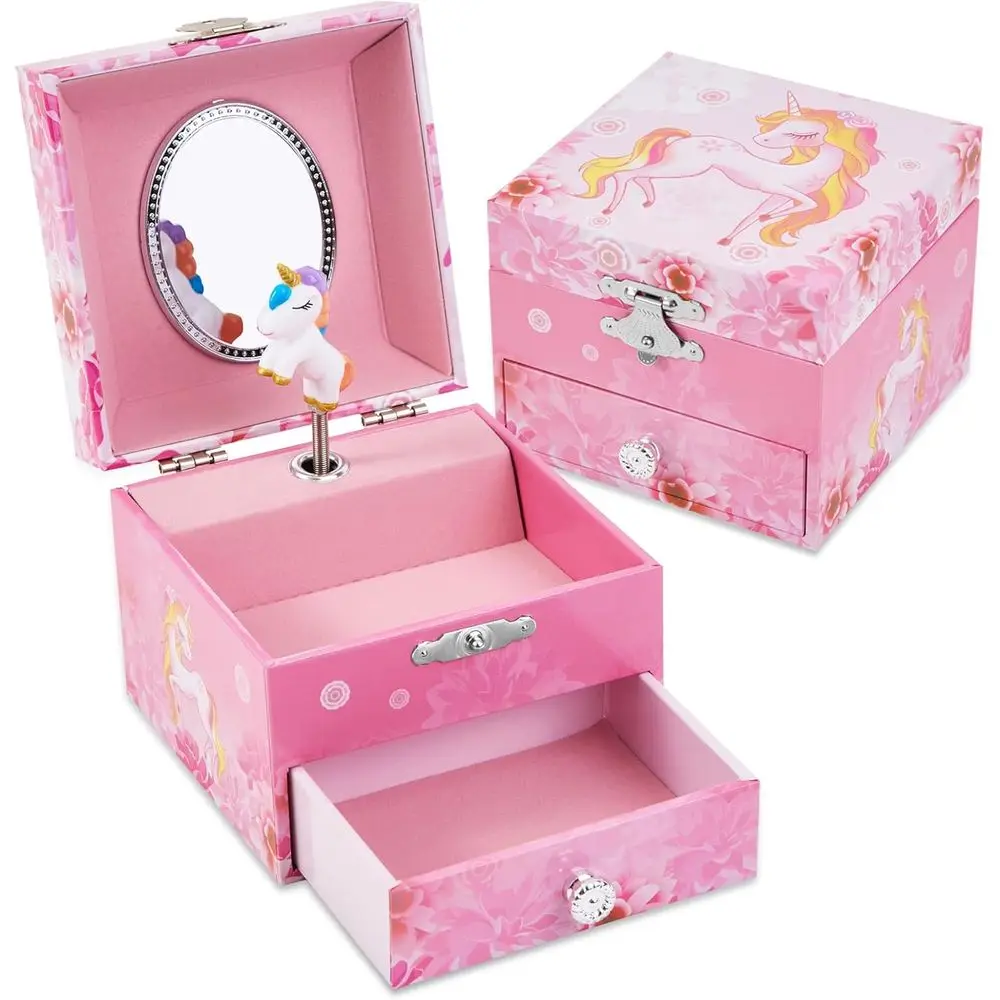 

Unicorn-Themed Musical Jewelry Box with Drawer for Girls, Spinning Toy Storage Case for Kids' Gifts
