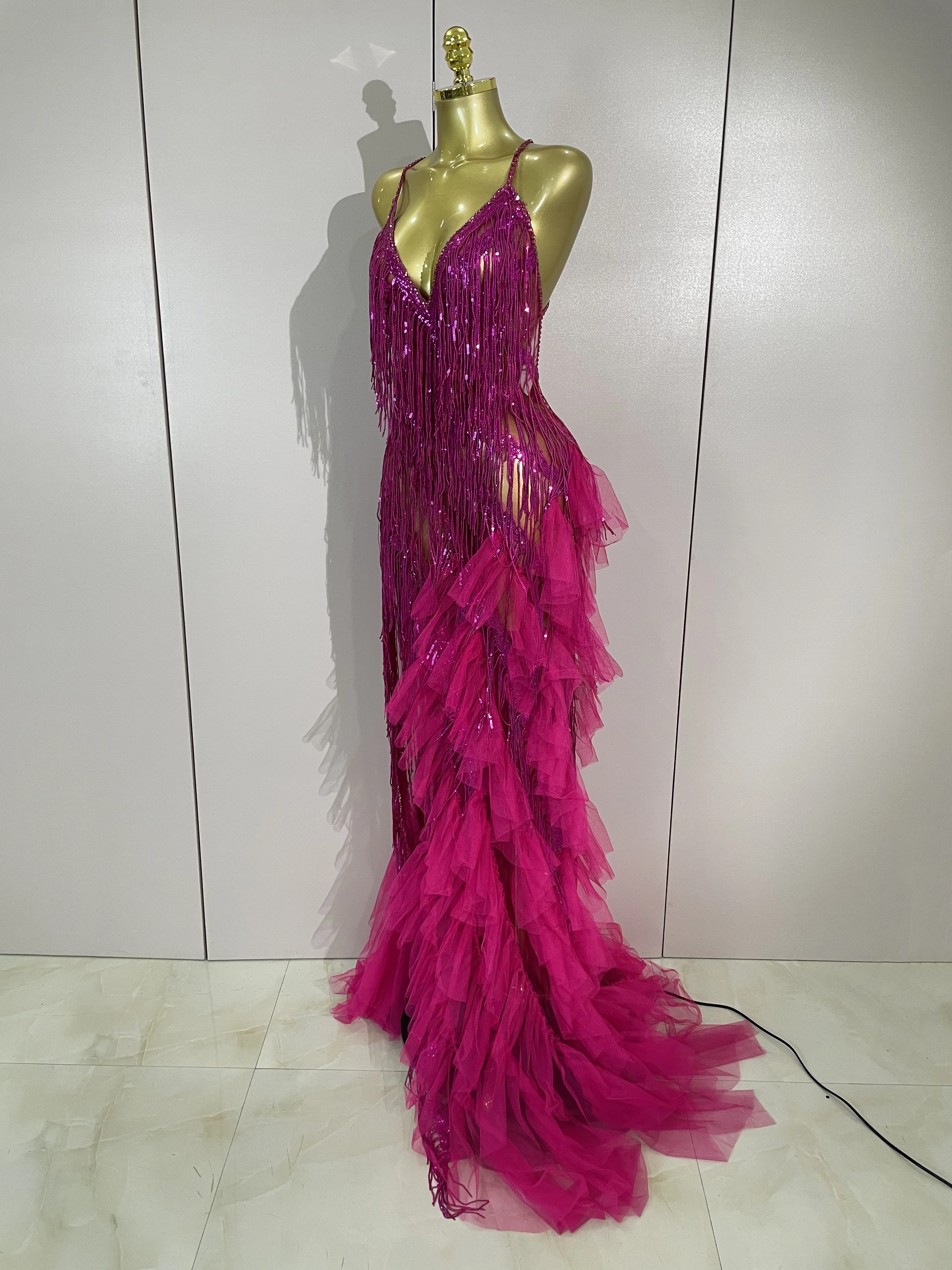 Luxury Sparkly Rhinestones Tassel Sexy Backless Sheer Maxi Dress Women Evening Birthday Party Gala Hosts NightClub Stage Costume