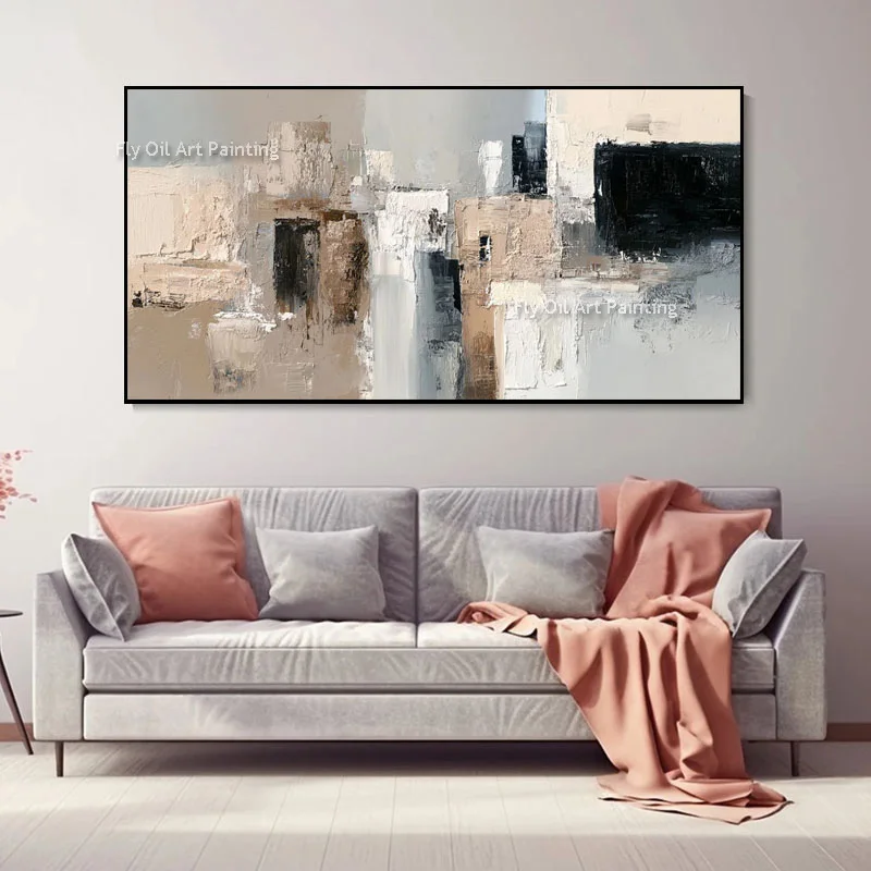 Large Neutral Knife Thick Canvas Abstract Oil Painting Hand Painted Beige Black City Block Artwork Home Decor Items