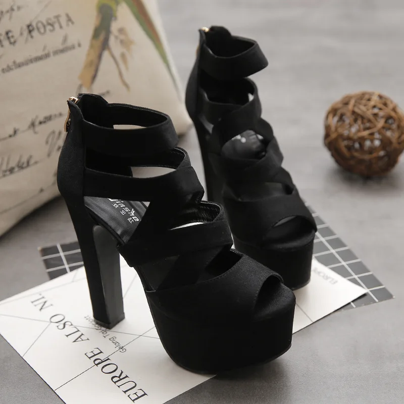 Spring Summer 15CM Fashion Thick With Sandals Fish Mouth Shoes High-heeled Hollow Sandals Nightclub Sandals