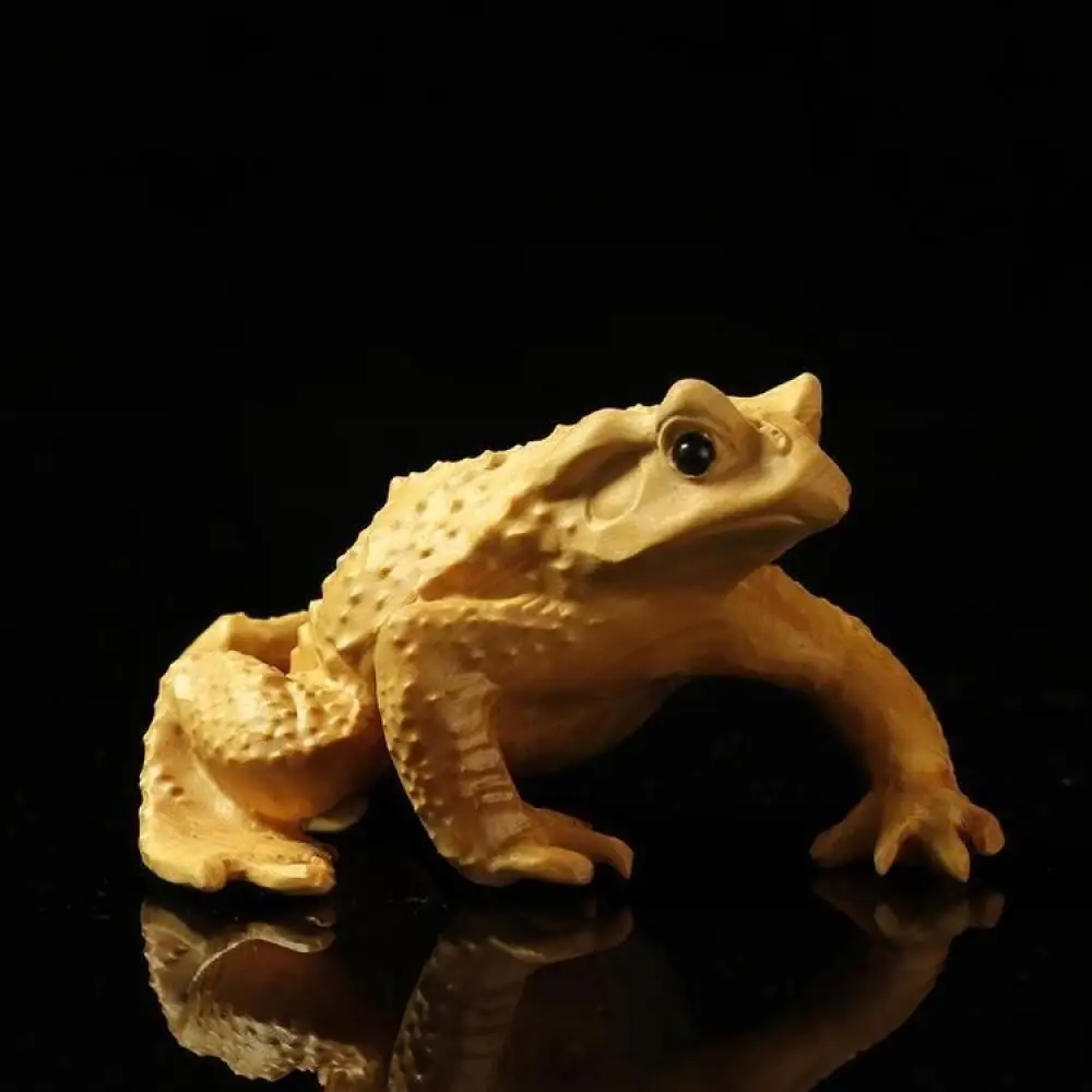 Chinese Natural Boxwood Hand Carved Toad Figurine Golden Jin Chan Frog Statue Desktop Netsuke Collectible Ornament