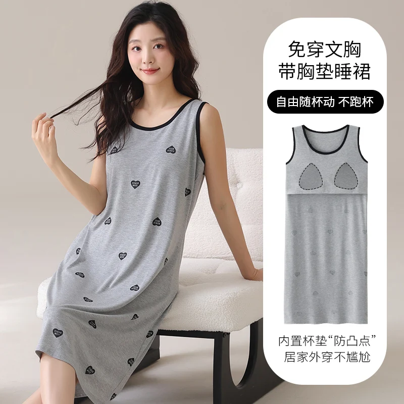 Newest M-5XL Women Knited Cotton Short Sleeve Nightdress With Chest Pad Female Sleepdress