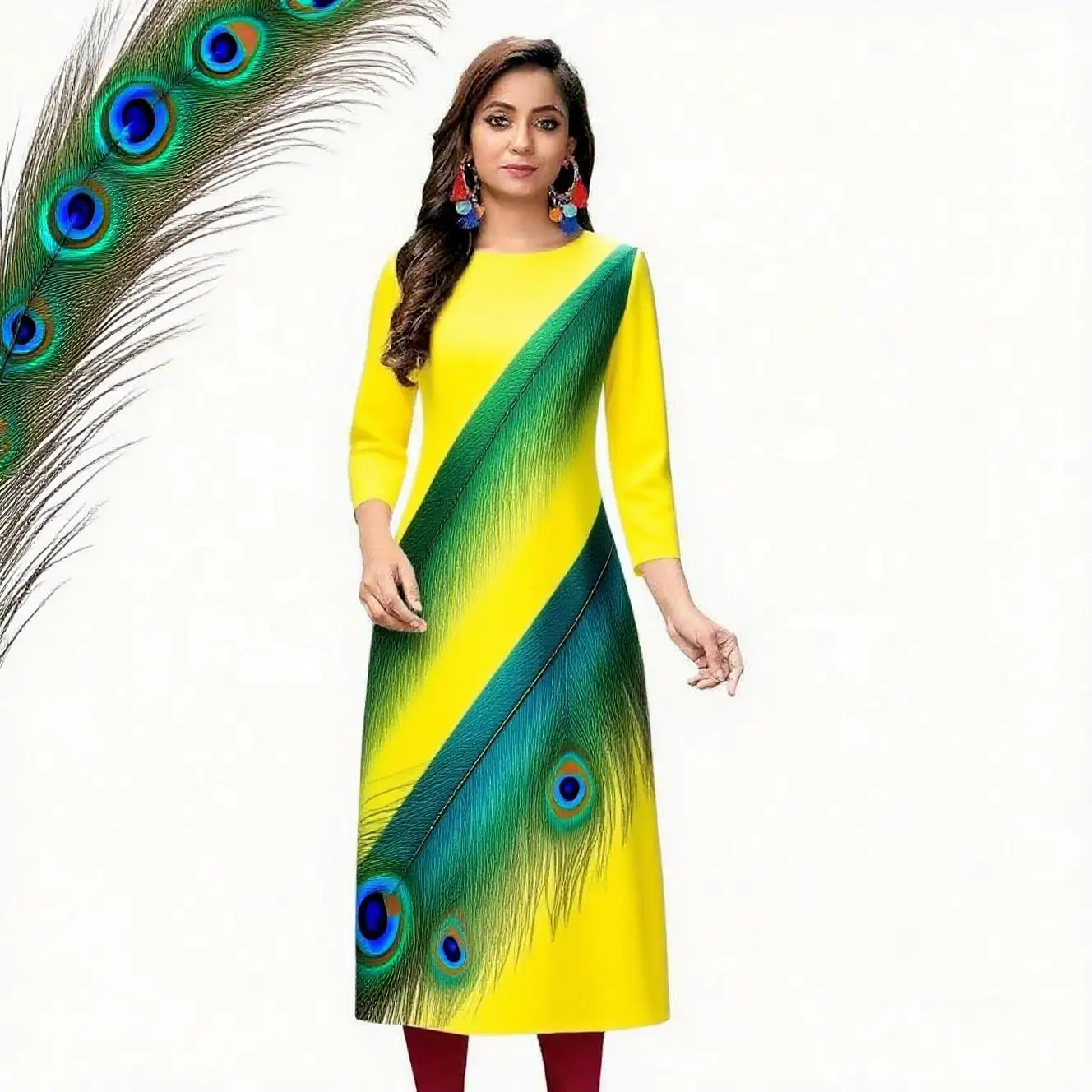 Abito moda casual Kurt da donna a maniche lunghe tubo dritto casual fiore etnico girocollo senso del design di dimensioni regolari