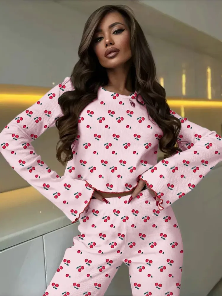 Pigiama Set a due pezzi per donna Stampa moda O-Collo Maniche lunghe Top Pantaloni lunghi Abito Primavera Autunno Donna Casual Nighty Outfit