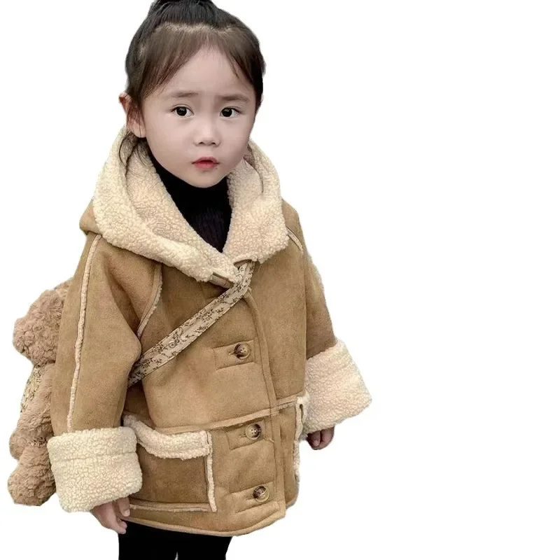 2023 winter new deer leather velvet double-sided wearing thickened top jacket Korean children clothing girl jacket