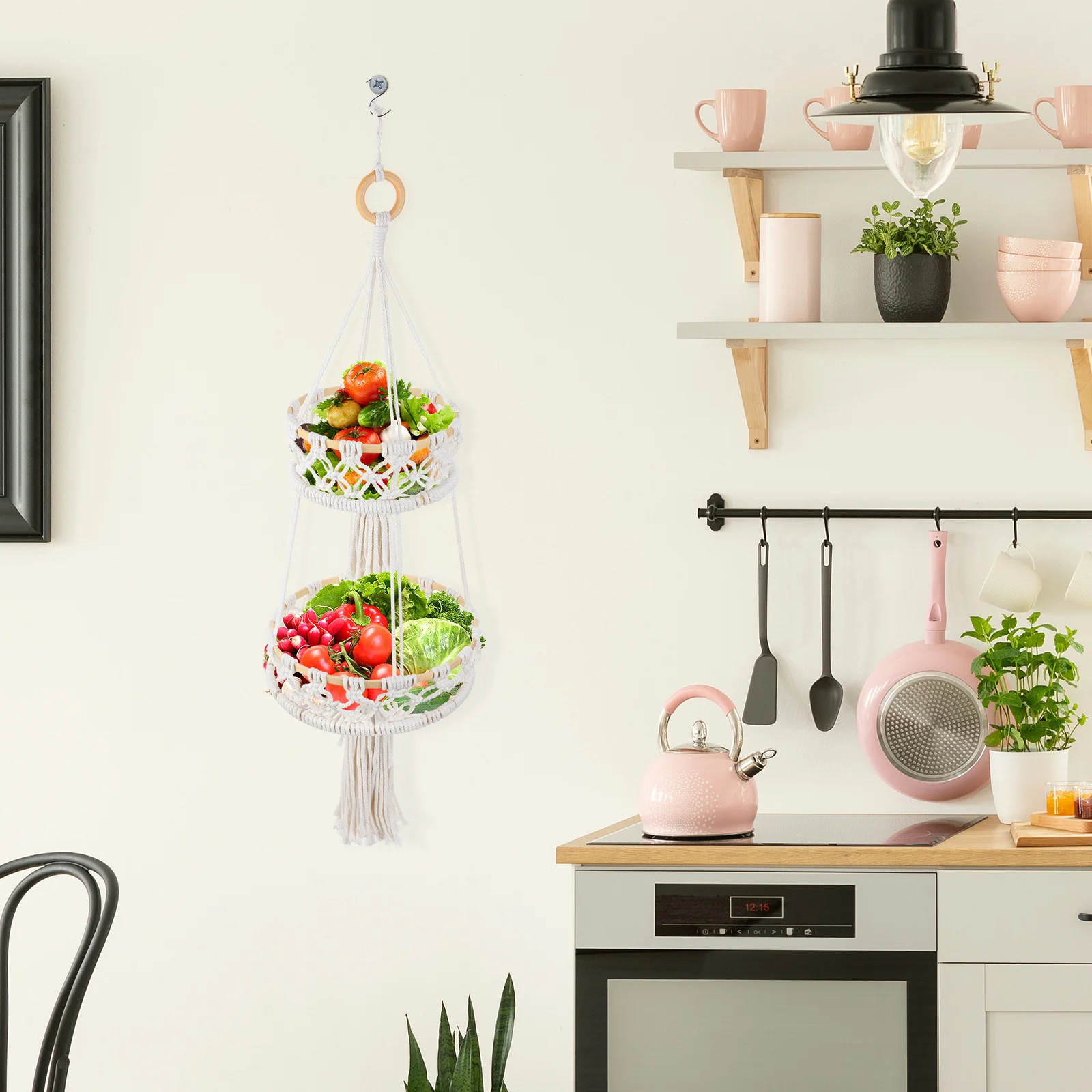 

1Pcs Cotton Rope Hanging Storage Basket Beige Double Layer Woven Basket for Home Kitchen Balcony Indoor Outdoor