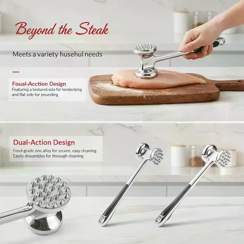 Double Sided Meat Tenderizer Hammer Stainless Steel Meat Mallet With Ergonomic Handle For Kitchen Cooking