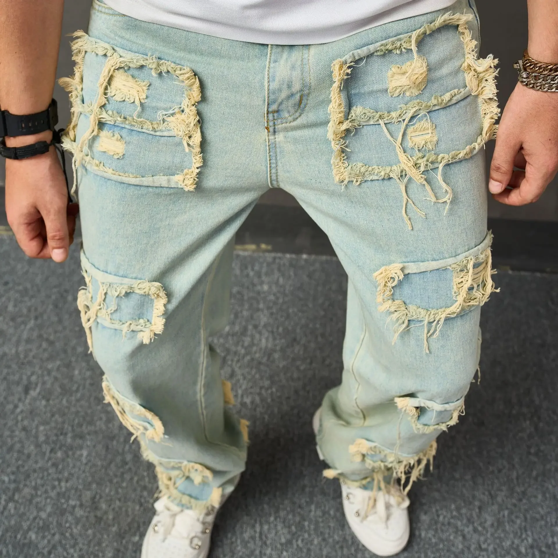 

American Retro Ripped Jeans with Patchwork and Anti-Bacterial Fabric New Style Men's Loose Slouchy Fashion Wide-Leg Casual Pants