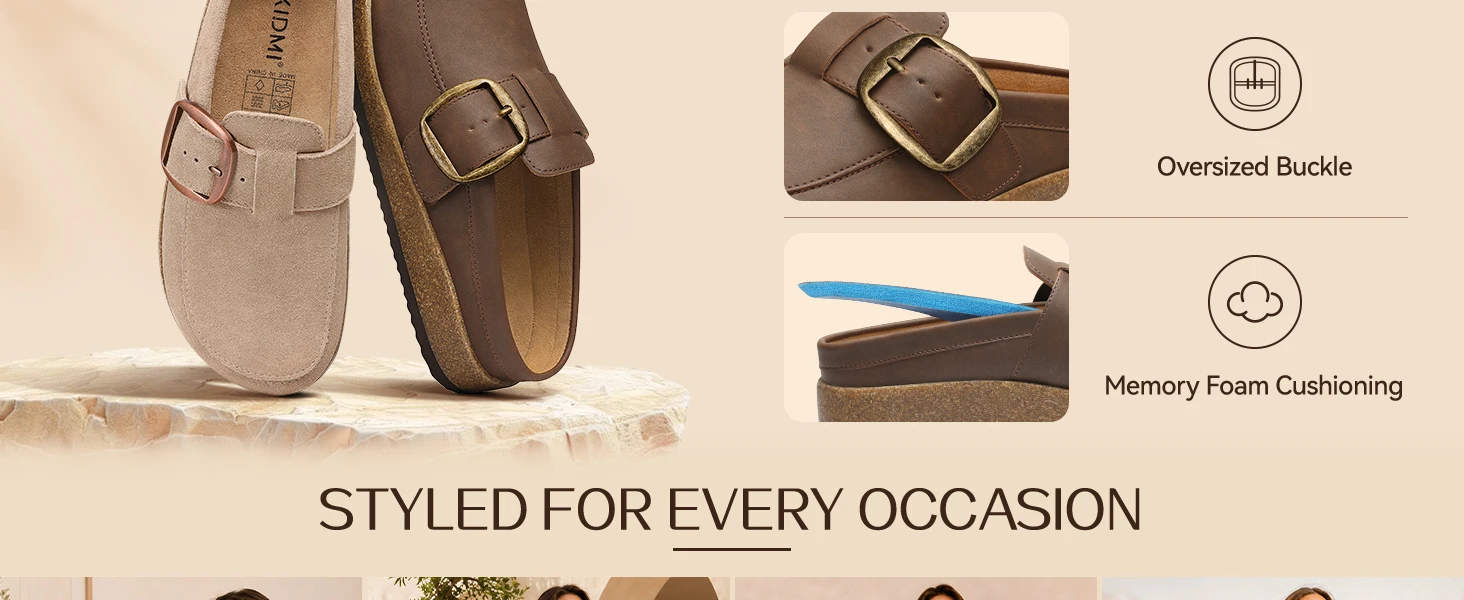 Shevalues Vegane Leder-Damen-Clogs, rutschfeste Hausschuhe im Loafer-Design, Slides mit Korkfußbett und Fußgewölbestütze – Detail 4
