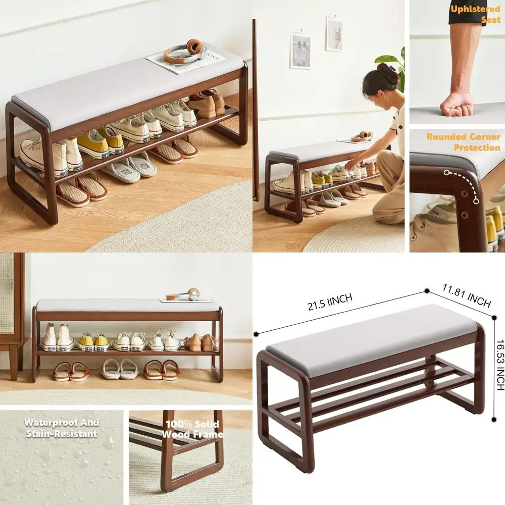 

Mid-Century Modern 2-Tier Solid Wood Entryway Shoe Bench with Faux Leather