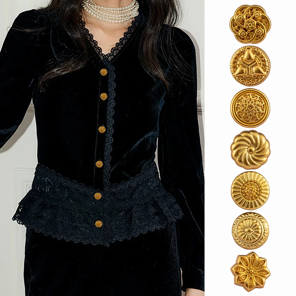 

10pcs Vintage Floral Round Metal Buttons, 1cm Gold Small Sewing Buttons for Shirt Suit Cuff Collar, 7 Styles, Sewing Accessories