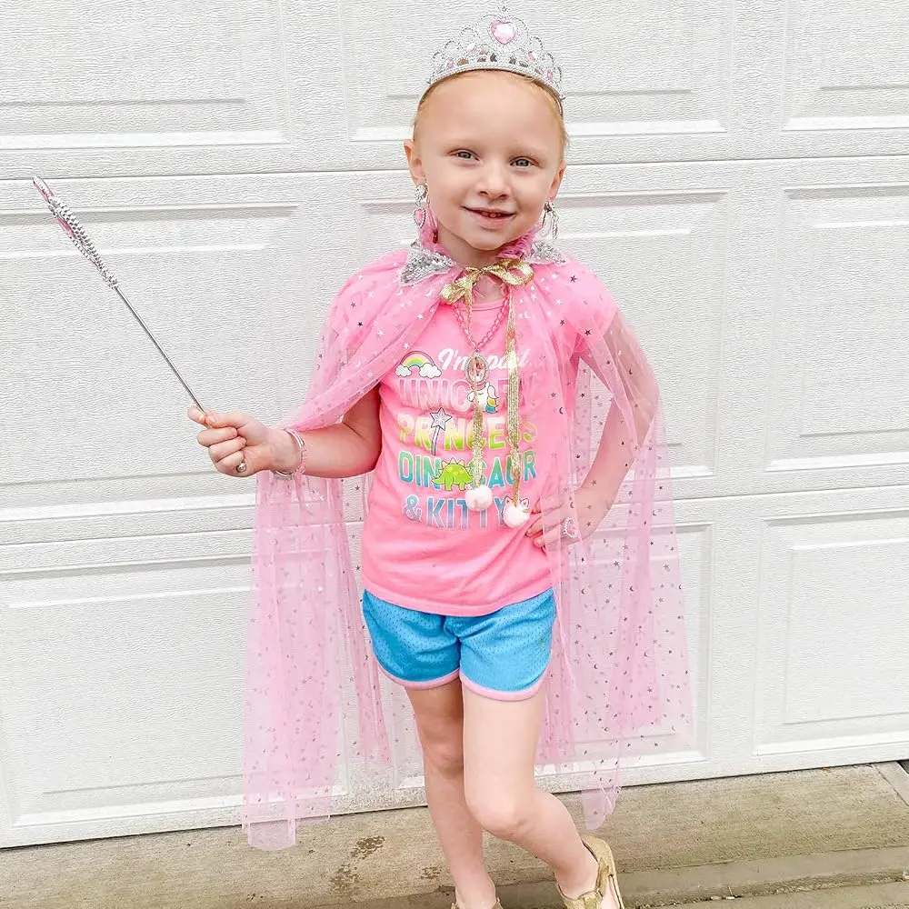 女の子のためのプリンセスドレスアップ服、プリンセスケープおもちゃ、クラウン、指輪、ネックレス、ブレスレット、杖、イヤークリップ付き、誕生日プレゼント