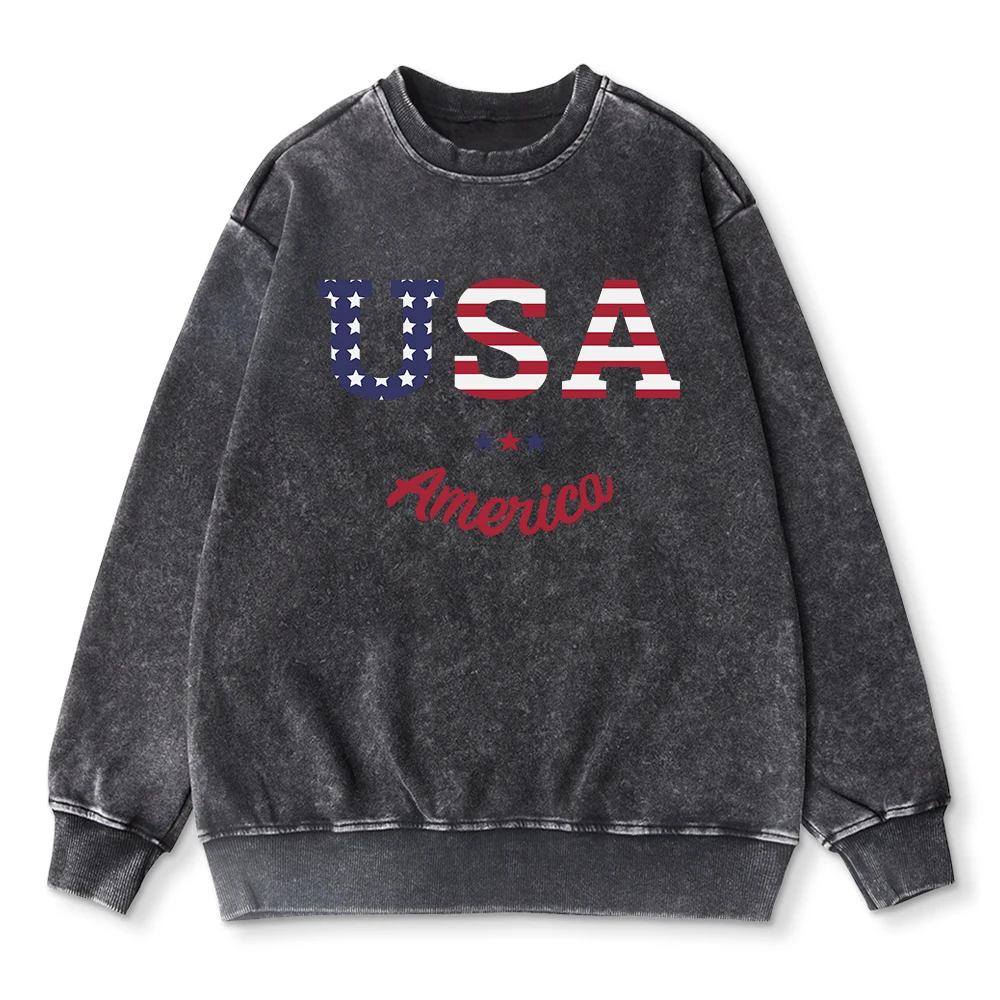 Oversize Woman Washed Sweatshirt Usa America Flag Letter Printed Hoodie Autumn Crewneck Cotton Pullover Couple Acid Wash Tops