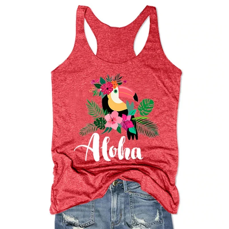 Aloha Tops Sexy Women Clothing Hawaiian Tank Top Travel Vest Summer Vacation White Top Bird Cute Clothing L