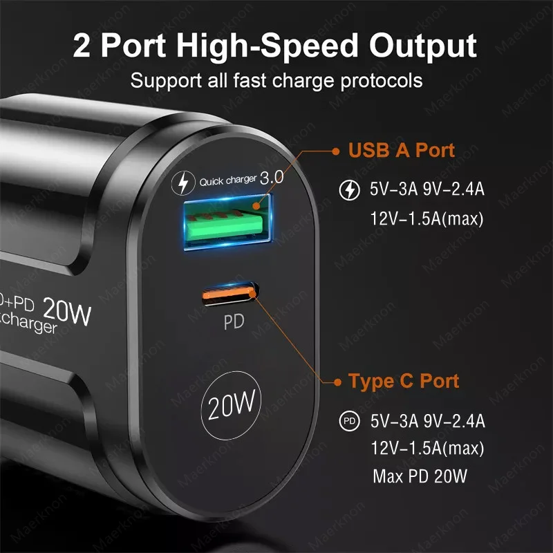 Phone Charger 20W Fast Charging PD USB Type C Charger Quick Charger 3.0 EU/US Plug Wall Charger For Iphone Samsung Xiaomi Huawei