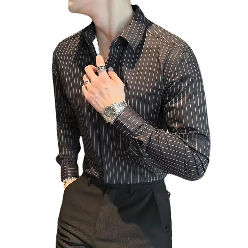 Korean Striped Business Casual Long Sleeved Shirt For Men Spring Autumn Fashion Slim Fit Elegant Social Men's Formal Shirt