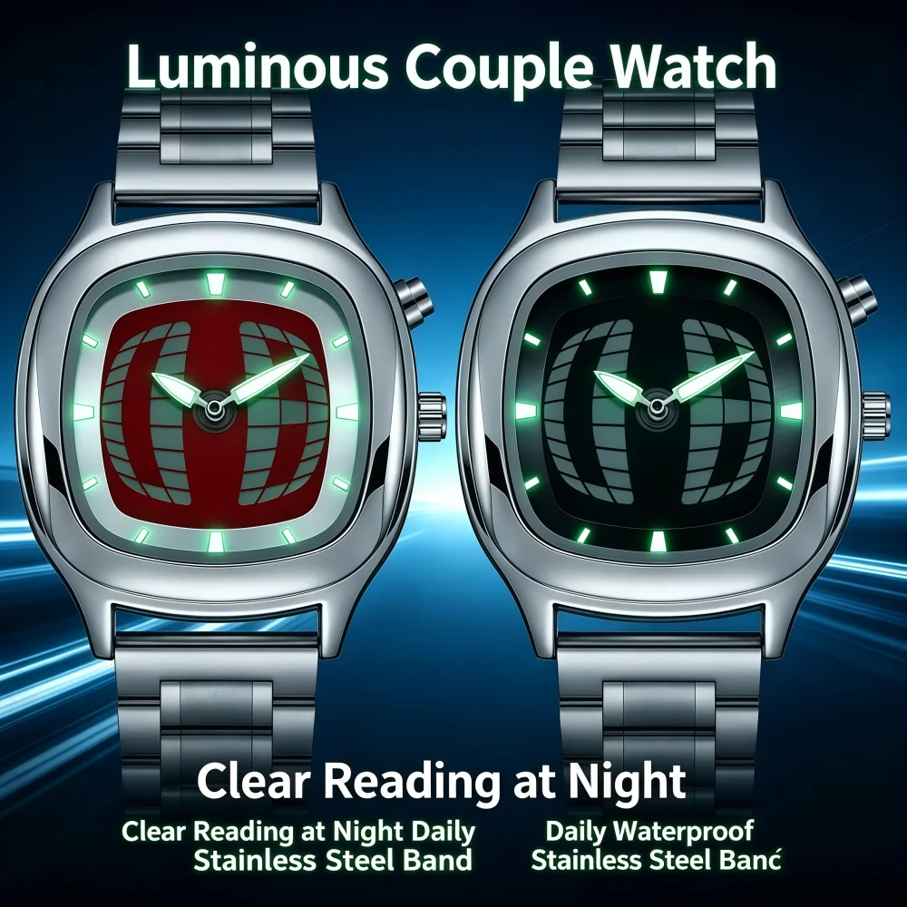 PAAZOMU Red‑Black Couple Pair Watch Luminous Waterproof Stainless Steel Band Square Quartz Wrist Watch for Lovers view 2