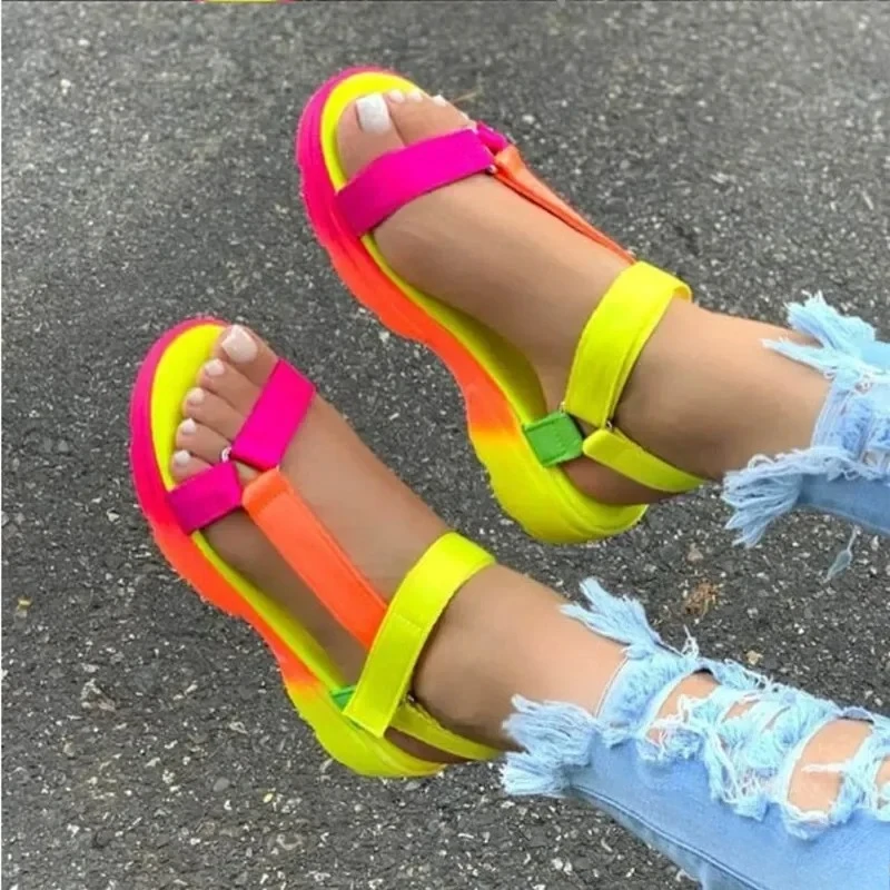 

New Trend Rainbow Color Thick Sole Women Sandals Luxury Sandals for Women Designers Outdoor Beach Opened Toe Wedge Women Shoes