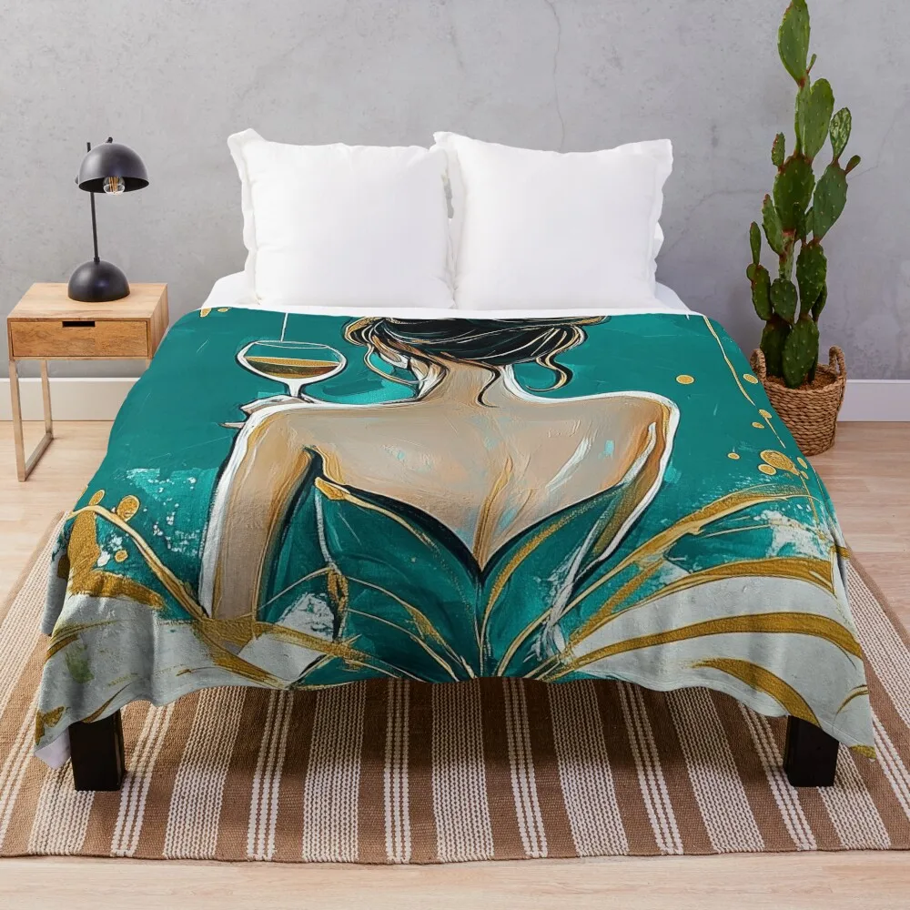 

Elegant Woman in Teal and Gold: Romantic Fantasy Art with Wine Glass Throw Blanket Hairy cosplay anime Blankets