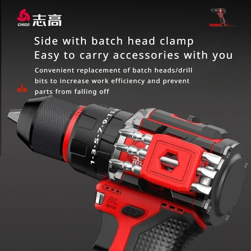 Chigo-brushless Furadeira Elétrica sem Fio Chave de Fenda de Impacto Furadeira Motorista Ferramentas Elétricas Bateria Li-ion 120nm 168 v