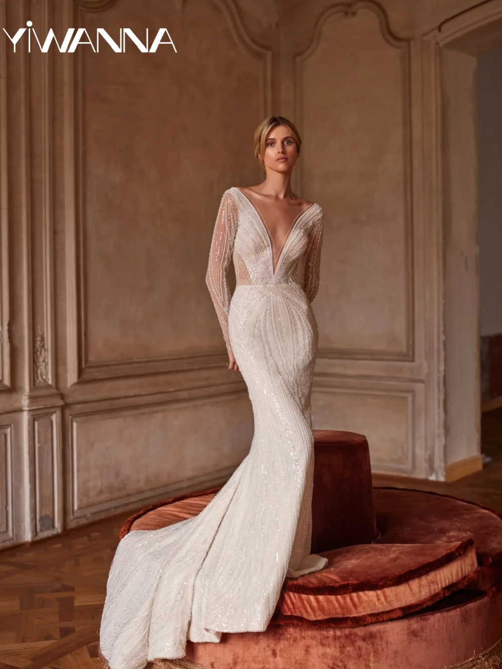 

Dazzling Detachable Train Beaded Long Wedding Dress Illusion Deep V-neck Bridal Gown Customized Mermaid Dresses For Bride