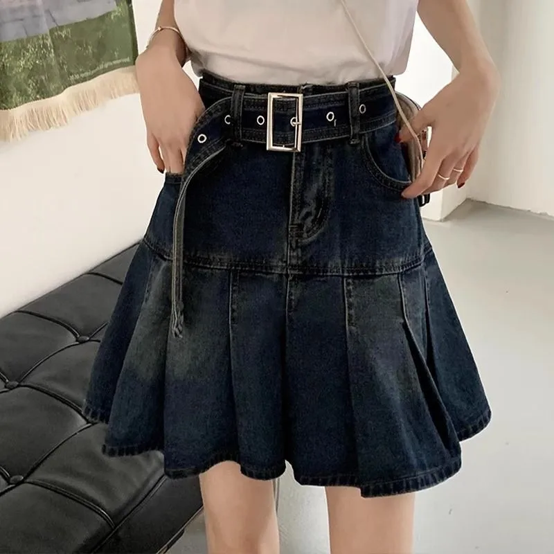 

Retro Spicy Girl Denim Pleated Skirt High Waist A-Line Skirts Women's Faion Summer New Sle Versatile f-length Skirts
