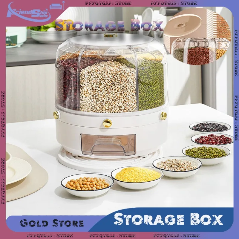 Rice Dispenser 360 Degree Rotating 6-in-1 Food Container Sealed Dry Cereal Grain Bucket Moisture-proof Kitchen Storage Box