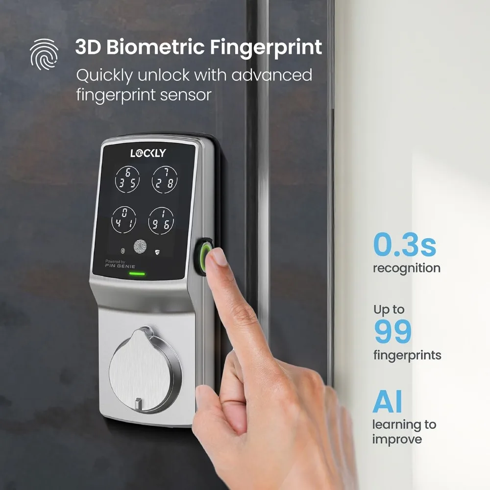 กุญแจล็อคประตูแบบดิจิตอล Secure Pro Deadbolt, ระบบล็อคอัจฉริยะแบบ Wi-Fi, ระบบเข้าออกแบบไม่ใช้กุญแจ, ระบบล็อคอัจฉริยะสำหรับทุกประเภทประตู, ระบบ PIN Genie ®   แป้นพิมพ์, เครื่องสแกนลายนิ้วมือไบโอเมตริกซ์ 3 มิติ