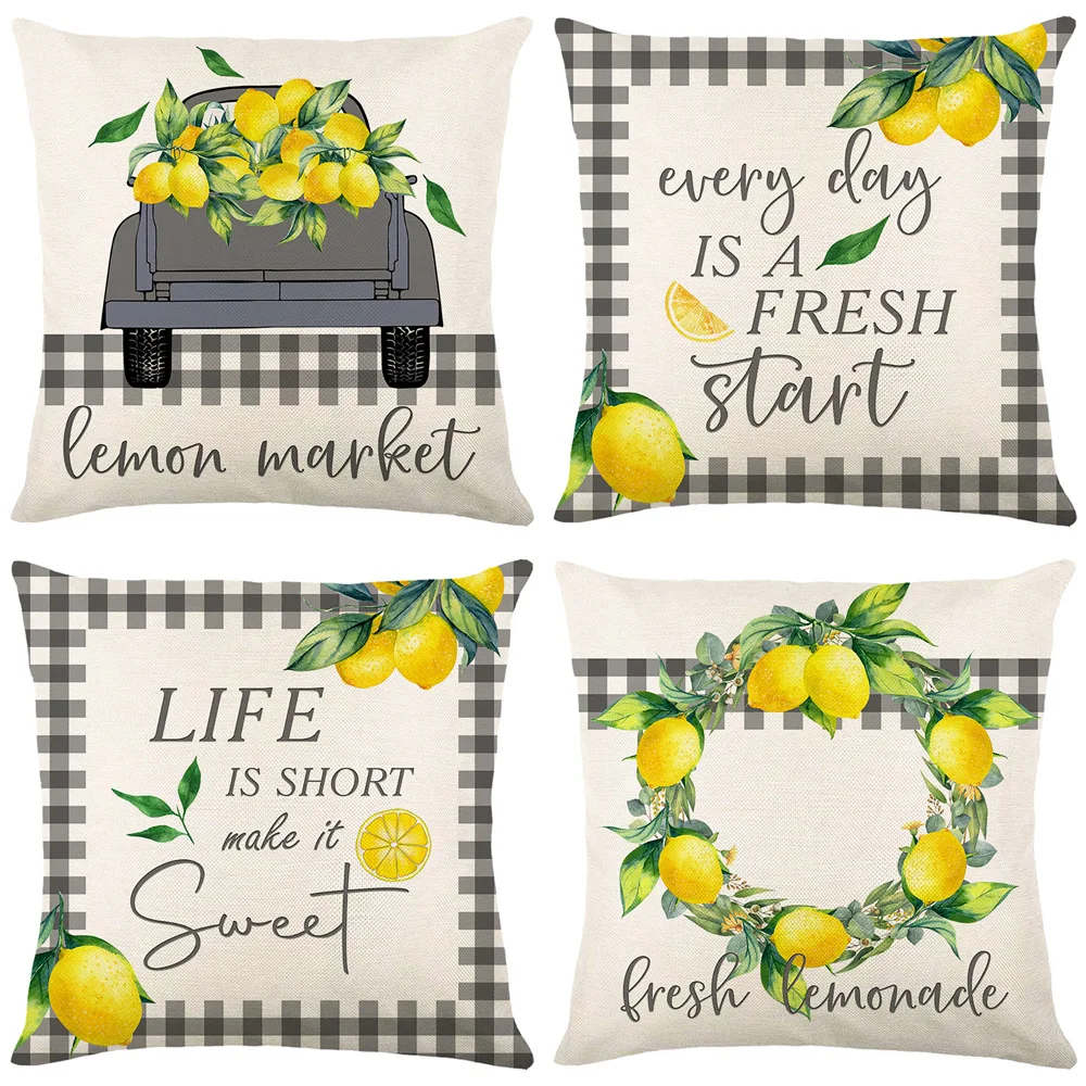 

Lemon Pillowcase 45x45cm Square Linen Pillow Cover Summer Decorative Cushions Pillowcase Home Sofa Car Decor Plaid Cushion Cover