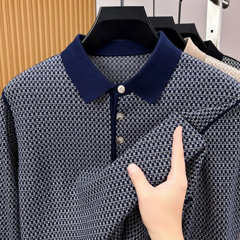 Men's 100% Cotton Long Sleeve Polo Shirt Classic Houndstooth Pattern Invisible Placket Casual Top