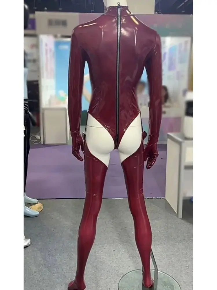 3 SZTUK / ZESTAW Wet Look PVC Cosplay Outfit Catusit Shiny PU Leather Zipper Bust Open Crotch Bodysuit Tight Sexy Body Teddies Stockings