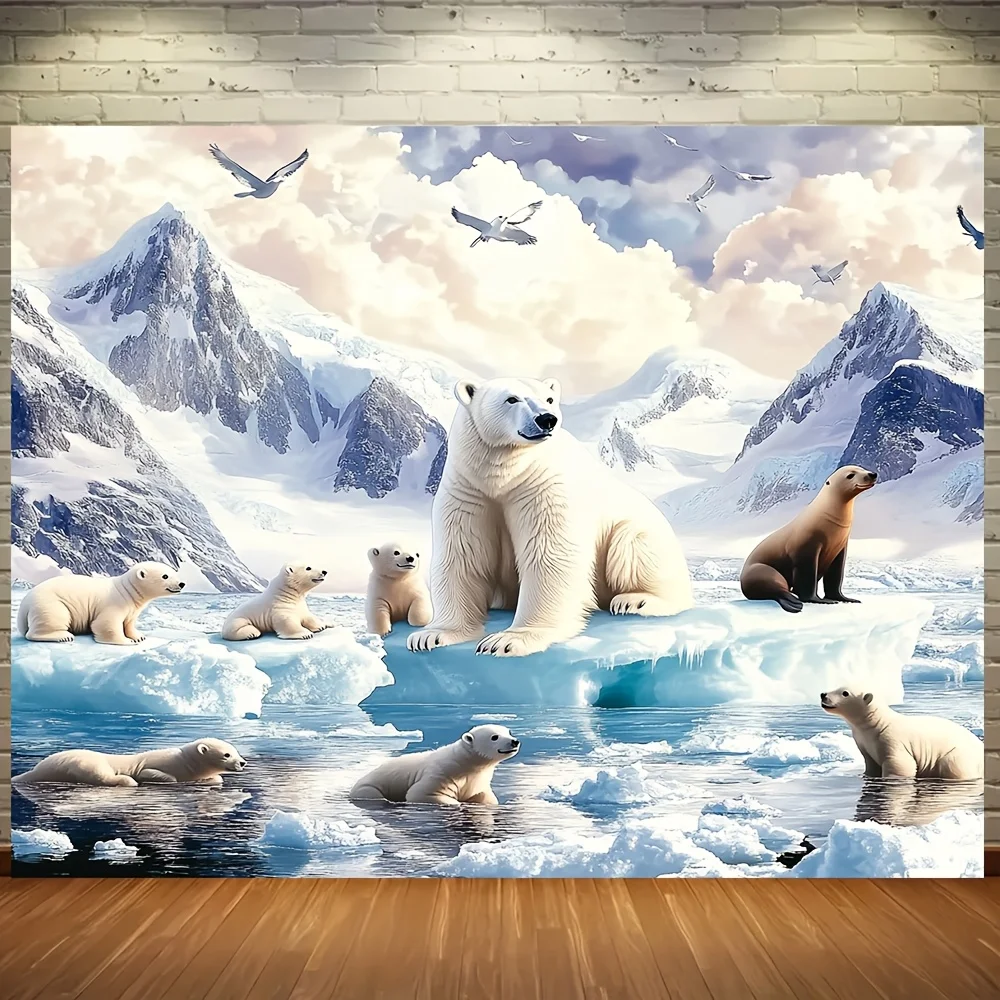 Arctic Polar Bear Family Iceberg Mountains Ocean 2DFlat Tapestry Backdrop For Living Room Decor Wildlife Nature Wall Hanging Art