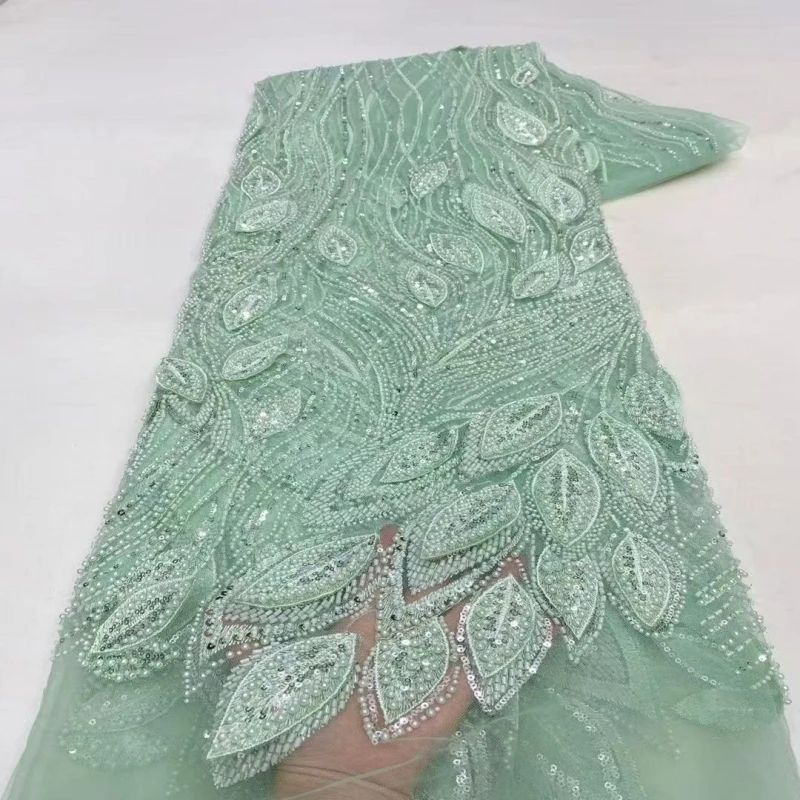 Luxury African Beaded Lace Fabric High Quality 2026 Beads 3d Embroidery French Tulle Laces 5 Yards for Nigerian Wedding Dress 3