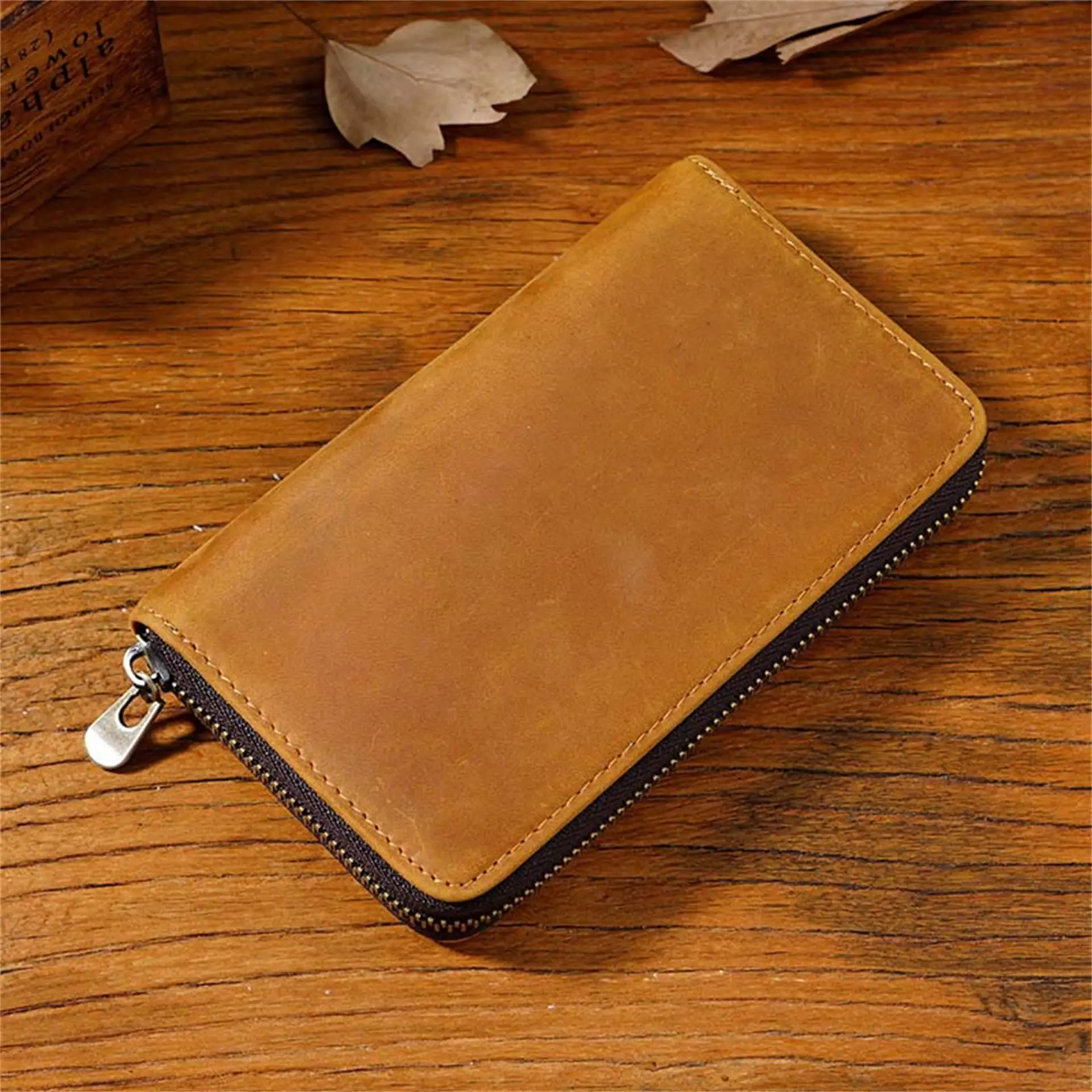 Three Pack Crazy Horse Cowhide Zipper Pen Case Pen Case Large Capacity Card Storage Bag Stationery Case