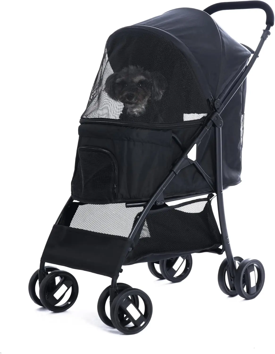 

Foldable Jogger Pet Stroller with Weather Cover Storage Basket Pet Travel Carrier for S/M Dogs Cats up to 33lbs (Black)