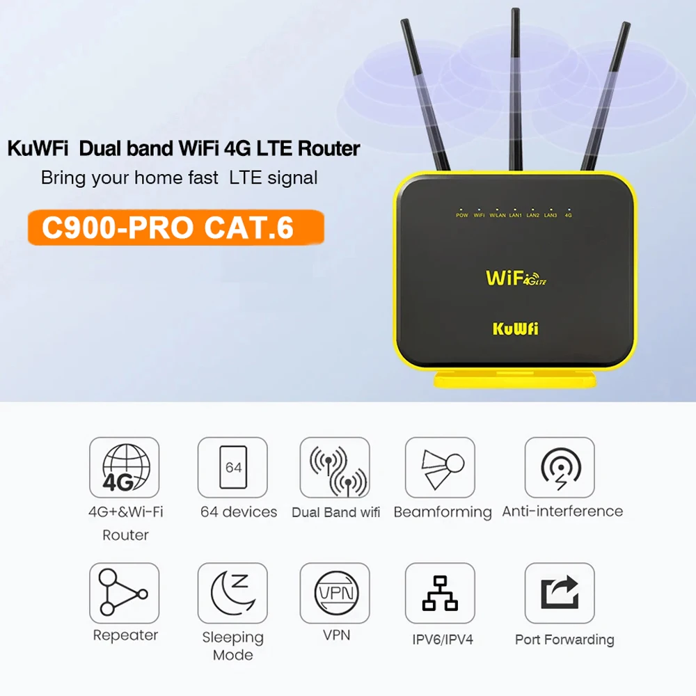 KuWFi CAT6 300Mbps 4G LTE راوتر AC1200 2.4G 5 جيجا هرتز WiFi 4G + مودم جيجابت إيثرنت ميناء هوائيات قابلة للفصل AP مكرر الوضع VPN