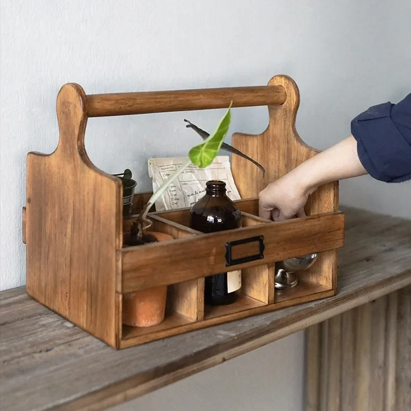 Home vintage solid wood carrying basket, compartments for miscellaneous items, living room tabletop, coffee cup, cup, and bevera