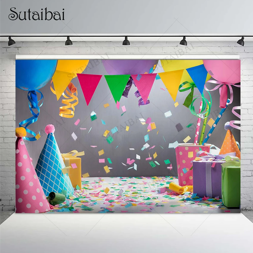 Happy Birthday Photography Backdrop Present Cake Smash Children Party Balloons Gifts Poster Photo Background for Studio Props