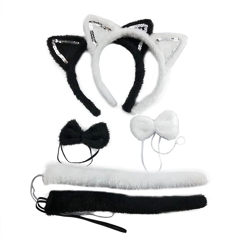 Women Cute Cat Ear Hair Hoop Tail Bow Tie Set Headband Black White for Party  Head Wear Kids Halloween Wedding Festival