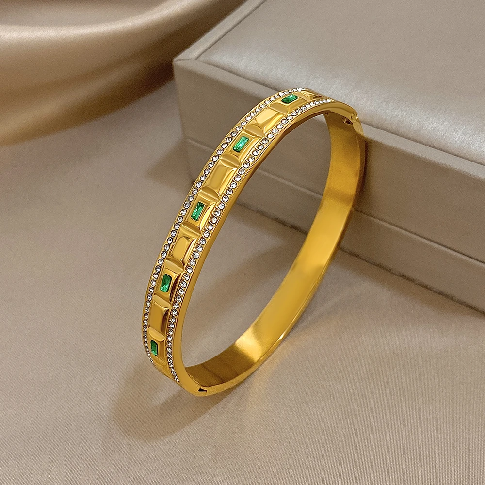 DODOHAO ريترو الأخضر الزركون أساور استانليس ستيل النساء الحد الأدنى الجولة المفتوحة الإسورة سوار مقاوم للماء مجوهرات الزفاف 2026 #5