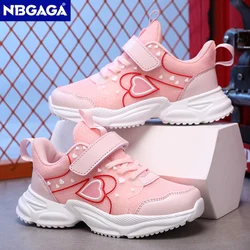 Fashion Sport Pink Girl Shoes Breathable Children's Sweet Heart Print Casual Shoes Lightweight Kids Walking Shoes Non-slip