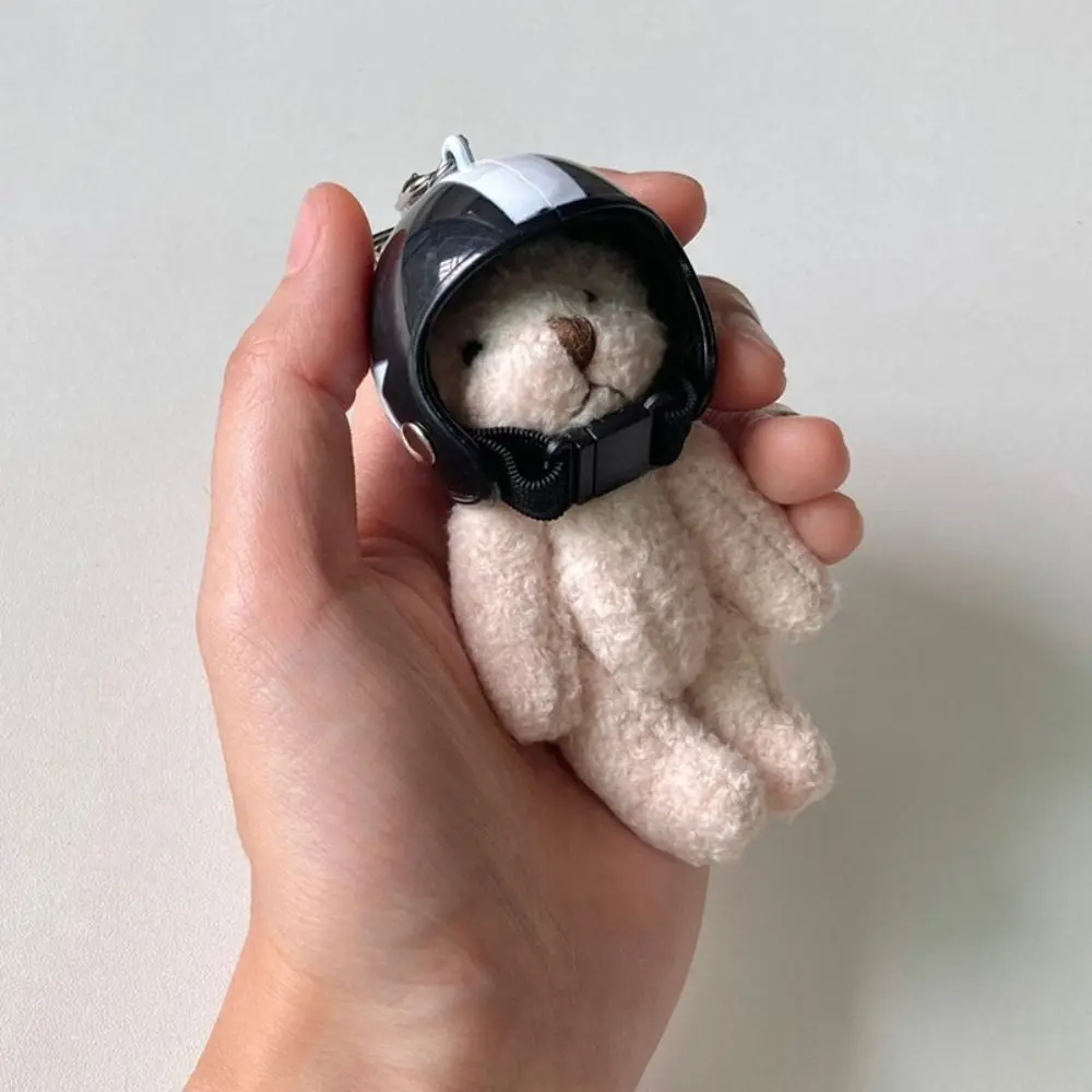 Lovely Helmeted Bear Charm Keychains Y2K Plush Stuffed Doll Pendant Car Keyring Backpack Decor Bag Car Key Chains Jewelry Gifts